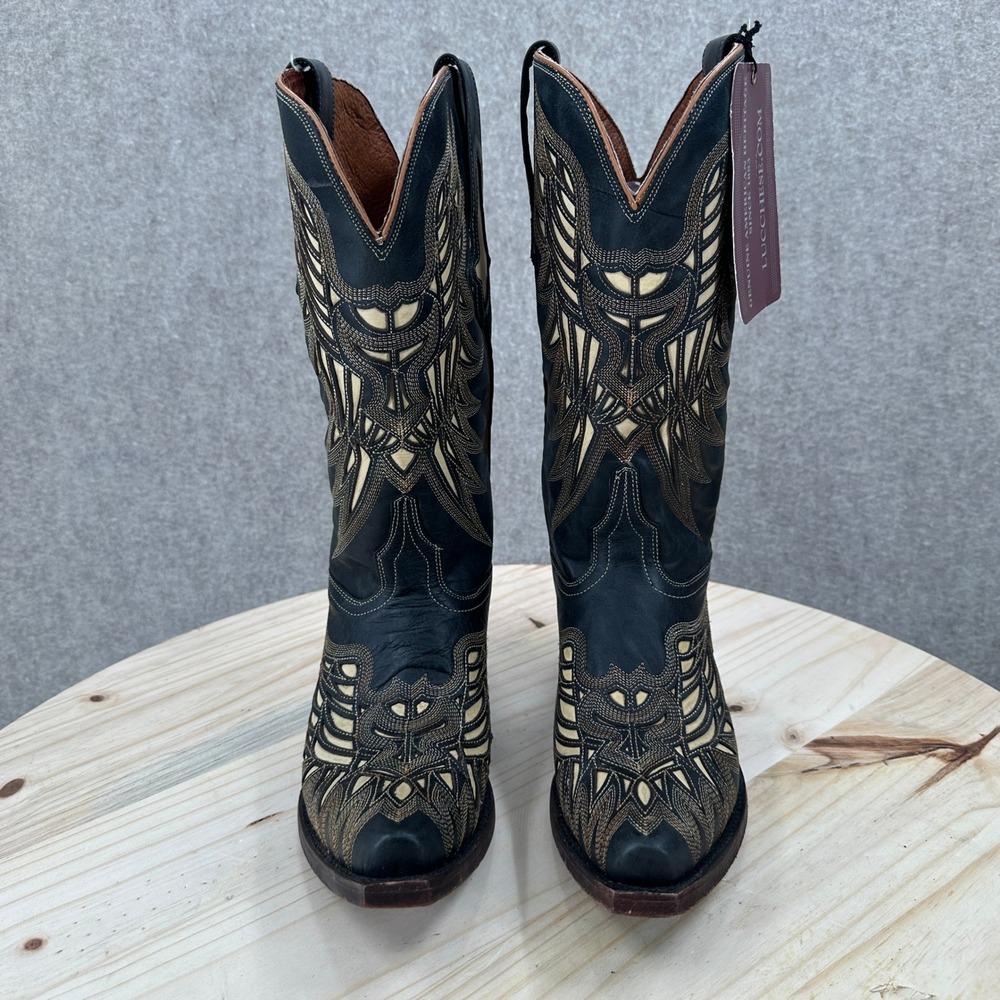 Lucchese Hillsboro M3582 Western Boots Women Black Crackle Bone Inlay Snip Toe - Picture 3 of 11